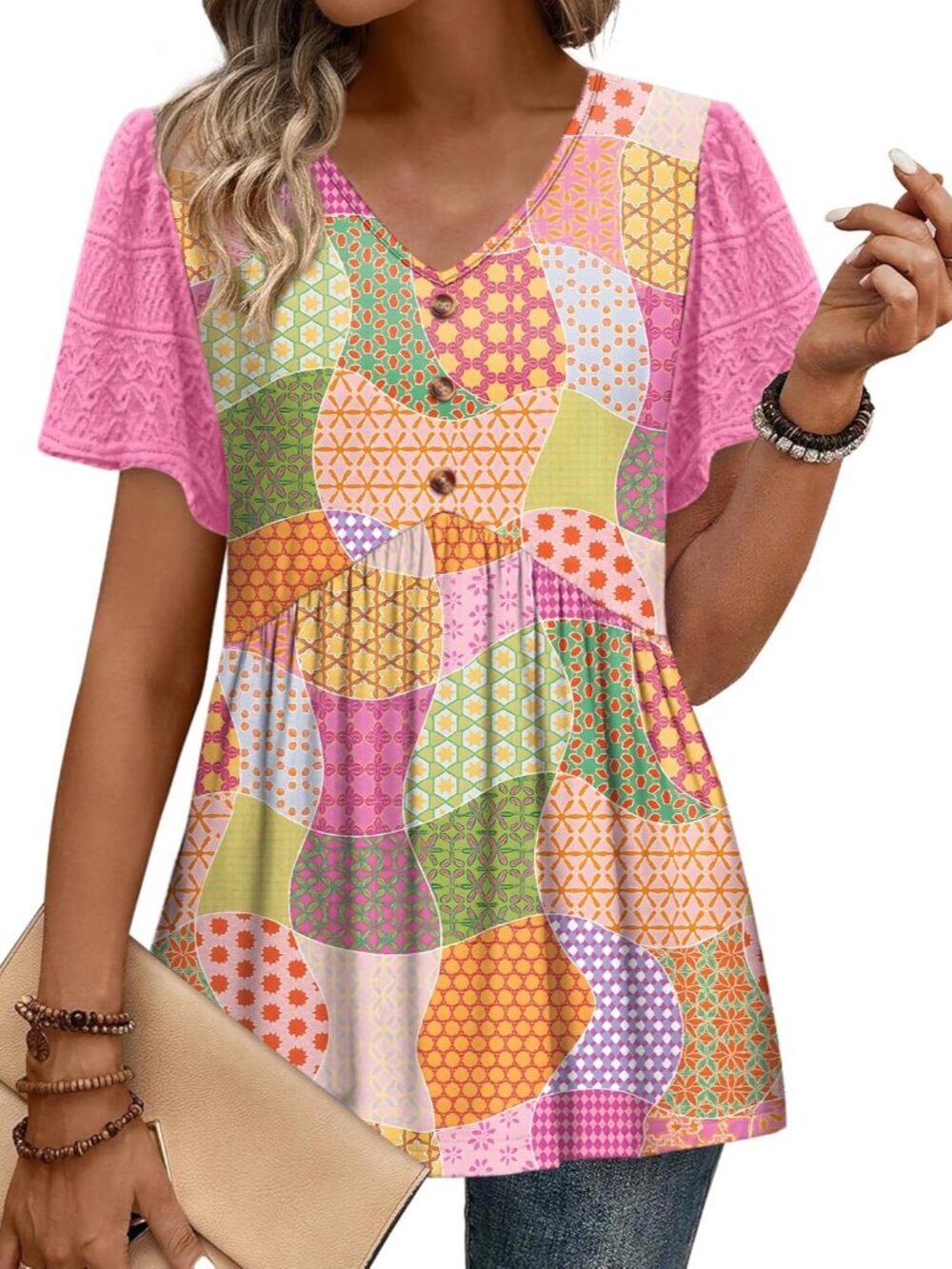 Womens Summer Tops Babydoll Short Sleeve Shirts Button Down Lace Sleeve Peplum T